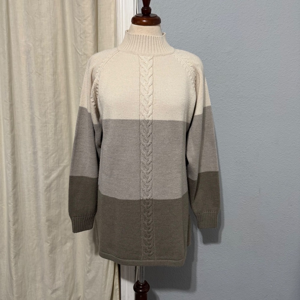 Liz Claiborne Collection Women Merino‎ Wool Mock Neck Cream Cable Knit Sweater M